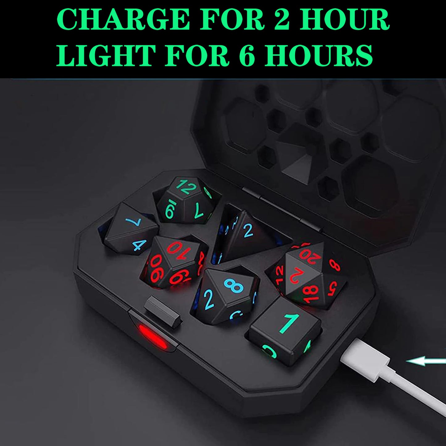 "Illuminate Your Adventure: 7Pcs Rechargeable Light-Up DND Dice Set with Charging Box - Perfect for Dungeon and Dragons RPG!"