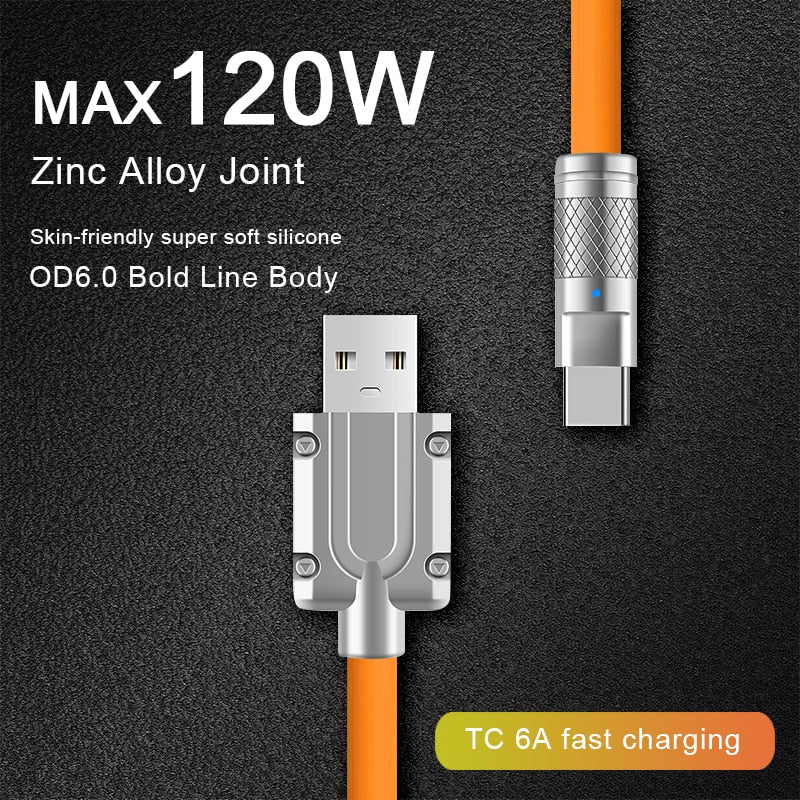 "Ultra-Fast 120W Supercharge Liquid Silicone Type-C Cable - 1M Length for Xiaomi, Huawei, Samsung - Premium Zinc USB Bold Data Line"