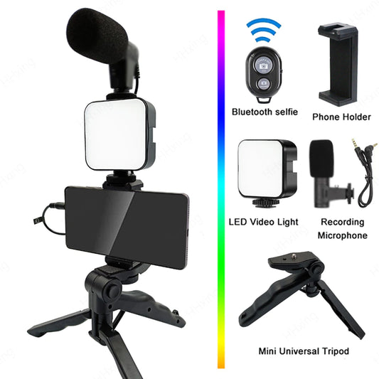 "Ultimate Smartphone Video Kit: Capture Stunning Photos and Videos with Phone Holder, Lighting, Microphone, LED, Selfie Tripod, and Portable Stabilizer Bracket!"